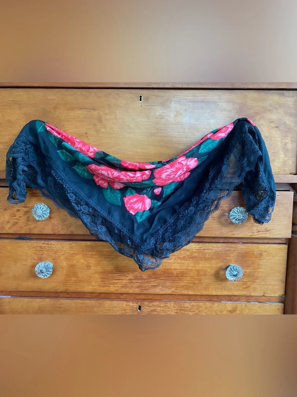 Black Floral Square Scarf Red Roses Lace Trim 35-inch square Whimsigoth Romantic